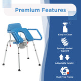 The Journey SoftSecure Uplift Toilet Assist Commode in blue and white with armrests is shown. Icons highlight tool-free assembly, medical-grade padding, adjustable height, 3-in-1 versatility, and a rust-free frame. Text: Premium Features.