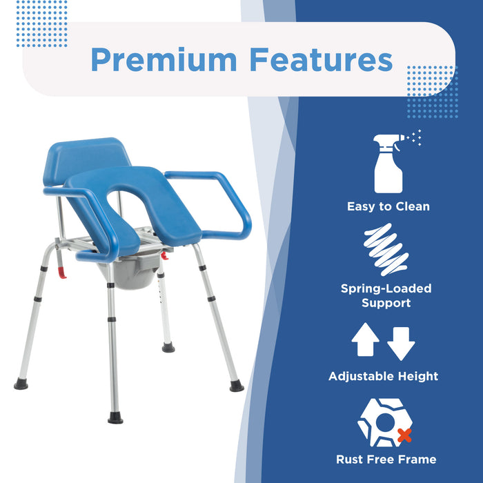 The Journey SoftSecure Uplift Toilet Assist Commode in blue and white with armrests is shown. Icons highlight tool-free assembly, medical-grade padding, adjustable height, 3-in-1 versatility, and a rust-free frame. Text: Premium Features.