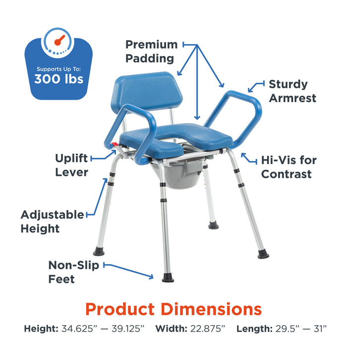 The Journey SoftSecure Uplift Toilet Assist Commode features medical-grade padded seat, armrests, and back, adjustable height, Self-Powered Lift Assist lever, non-slip feet, hi-vis armrests. Supports up to 300 lbs.