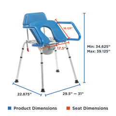 The Journey SoftSecure Uplift Toilet Assist Commode – Safer Transfers features armrests, a commode bucket, and a blue frame measuring 22.875”W x 29.5–31”D x 34.625–39.125”H, with an orange-marked seat at 17.5”W x 16.125”D.