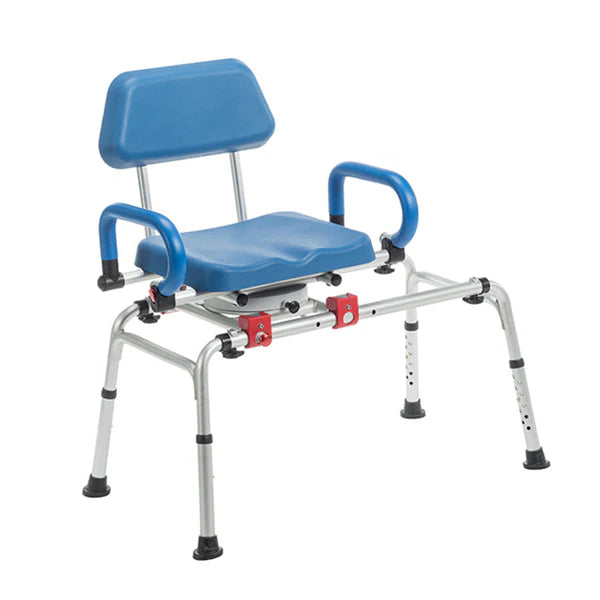 The Non-Microban Journey SoftSecure Rotating Transfer Bench is a blue padded swivel shower chair with arms, backrest, sliding rotating seat, and adjustable aluminum legs for safe, accessible bathing.