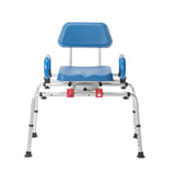 The Journey SoftSecure Rotating Transfer Bench with Microban Protection features a blue and silver adjustable design for seniors, offering armrests, a contoured seat, backrest, and sturdy metal legs for comfort and support during transfers.