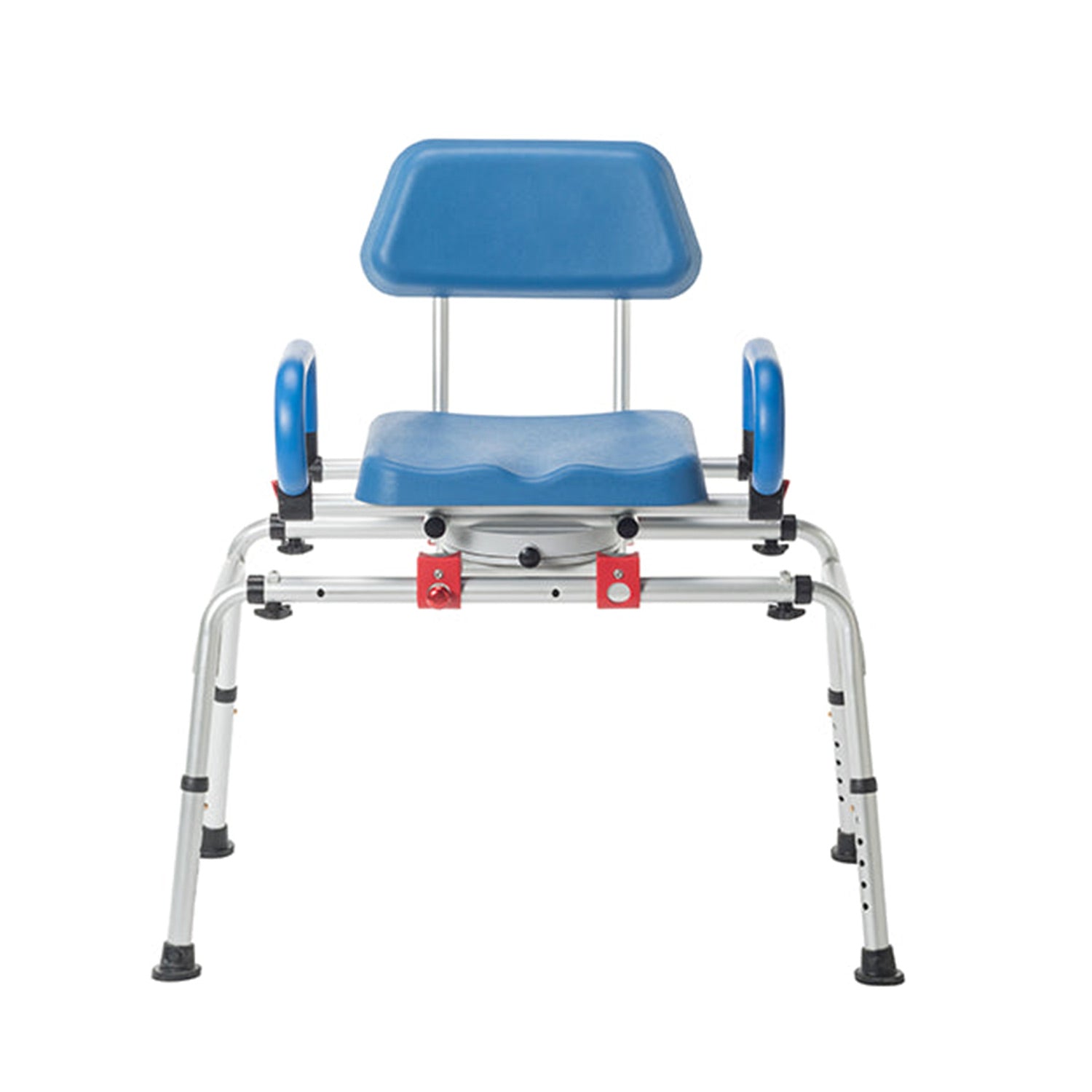 The Journey SoftSecure Rotating Transfer Bench with Microban Protection features a blue and silver adjustable design for seniors, offering armrests, a contoured seat, backrest, and sturdy metal legs for comfort and support during transfers.