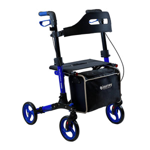 The Breeze Rollator is a blue and black lightweight walker with four wheels, a black seat and backrest, hand brakes, and a large black storage bag labeled Journey attached to the front.