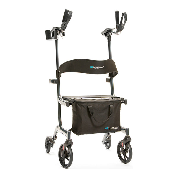 The (draft)UPWalker® Lite is a black upright walker with four wheels, padded armrests, hand grips, a support bar, and a zippered storage bag with branding on the bag and backrest. It provides a lightweight mobility solution.