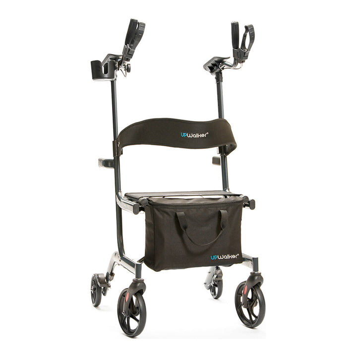 The (draft)UPWalker® Lite is a black upright walker with four wheels, padded armrests, hand grips, a support bar, and a zippered storage bag with branding on the bag and backrest. It provides a lightweight mobility solution.
