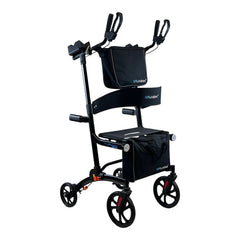 The Journey UPWalker Premium Lite – Lightweight Rollator is a black upright walker with four wheels, padded handles, a front storage bag, and an extra pouch below the handles for comfortable, reliable mobility support.