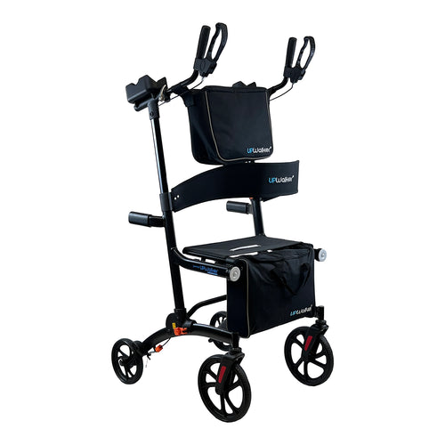 The UPWalker Premium Lite is a black upright rollator with four wheels, two storage bags, hand brakes, and padded armrests. Its sturdy frame provides stability and support for easy, upright walking and mobility all day.
