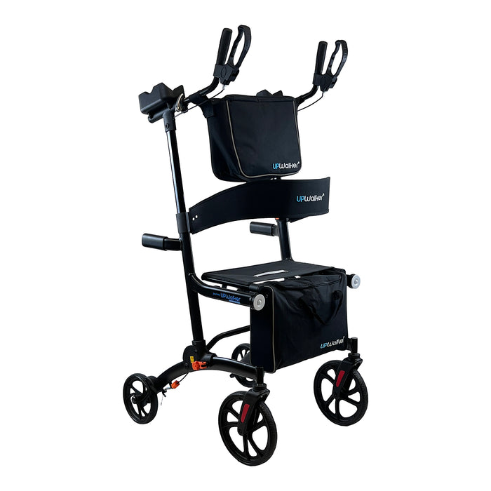 The UPWalker Premium Lite is a black upright rollator with four wheels, two storage bags, hand brakes, and padded armrests. Its sturdy frame provides stability and support for easy, upright walking and mobility all day.