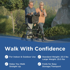An older man and woman walk outside with the UPWalker Original, a mobility walker designed for indoor/outdoor use. It promotes upright walking, supports standard & large weights, and folds easily for storage or transport.