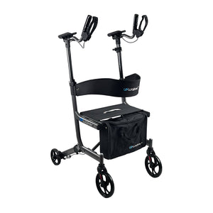 The Journey UPWalker EZ Lite – Lightweight Portable Rollator is a black upright walker with four wheels, ergonomic forearm handles, a curved backrest, and a storage pouch.