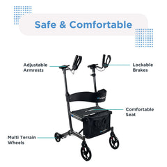 The Journey UPWalker EZ Lite – Lightweight Portable Rollator features adjustable armrests, lockable brakes, multi-terrain wheels, and a comfy seat. Text reads: Safe & Comfortable, with labels highlighting each feature of the UPWalker EZ Lite design.