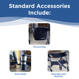 Graphic showing standard accessories for the Journey UPWalker EZ Lite – Lightweight Portable Rollator: a personal bag at the back, drink holder on the side, and reversible seat backrest, each clearly labeled in images.