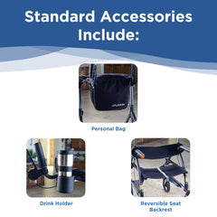 Graphic showing standard accessories for the Journey UPWalker EZ Lite – Lightweight Portable Rollator: a personal bag at the back, drink holder on the side, and reversible seat backrest, each clearly labeled in images.