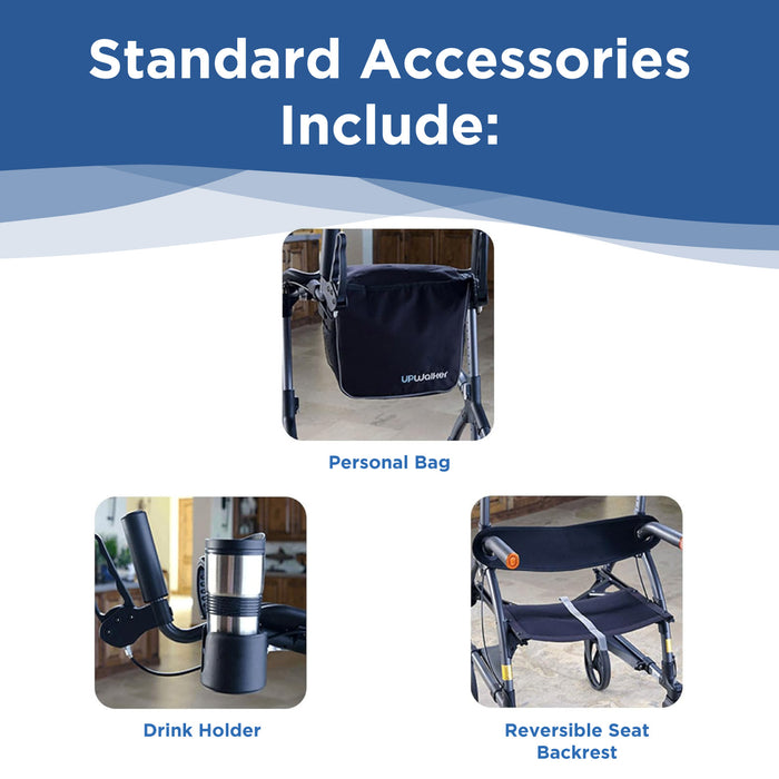 Graphic showing standard accessories for the Journey UPWalker EZ Lite – Lightweight Portable Rollator: a personal bag at the back, drink holder on the side, and reversible seat backrest, each clearly labeled in images.
