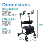 The Journey UPWalker EZ Lite – Lightweight Portable Rollator is shown with dimensions: unfolded 29L x 25W x max height 43.5, folded 29L x 8.5W x height 40, and seat size 18L x 10W, featuring arm supports.