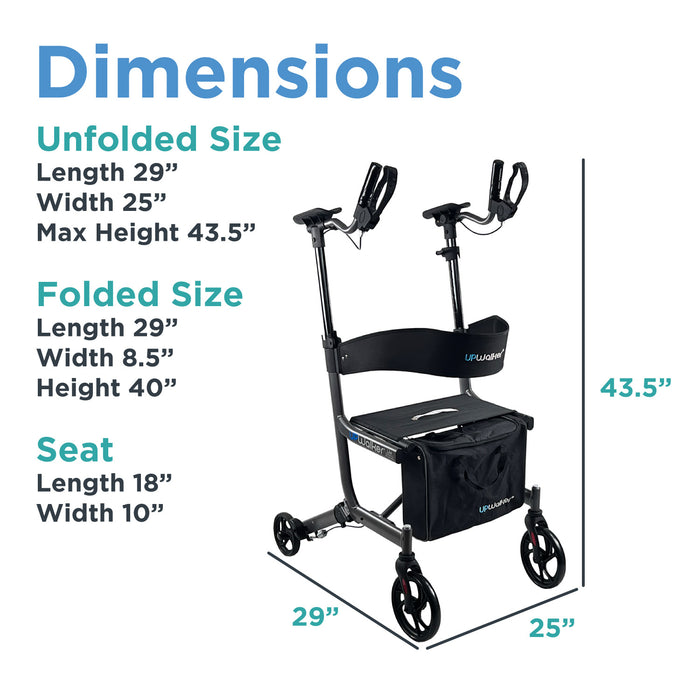 The Journey UPWalker EZ Lite – Lightweight Portable Rollator is shown with dimensions: unfolded 29L x 25W x max height 43.5, folded 29L x 8.5W x height 40, and seat size 18L x 10W, featuring arm supports.