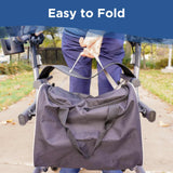 A person pulls a strap on the black Journey UPWalker EZ Lite – Lightweight Portable Rollator outdoors. The text above reads, Easy to Fold.