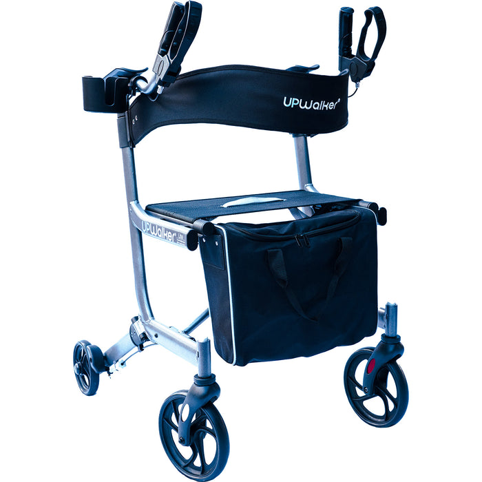 A Journey Certified Pre-Owned Upwalker EZ in silver and black with four wheels, a padded seat, upright handles, and a front storage bag.