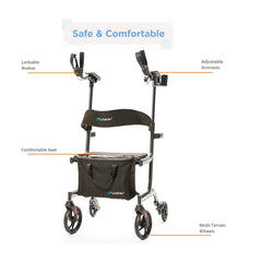 The Journey Certified Pre-Owned UpWalker Lite walker in black offers lockable brakes, adjustable armrests, a comfortable seat, storage bag, and multi-terrain wheels for enhanced safety and comfort.