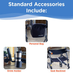 A graphic shows standard accessories for the Journey Certified Pre-Owned UpWalker Lite walker: a personal bag, drink holder with cup, and seat backrest. Each accessory appears in a labeled photo.