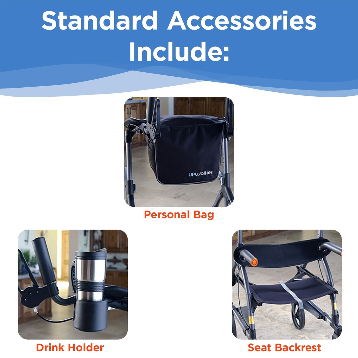 A graphic shows standard accessories for the Journey Certified Pre-Owned UpWalker Lite walker: a personal bag, drink holder with cup, and seat backrest. Each accessory appears in a labeled photo.