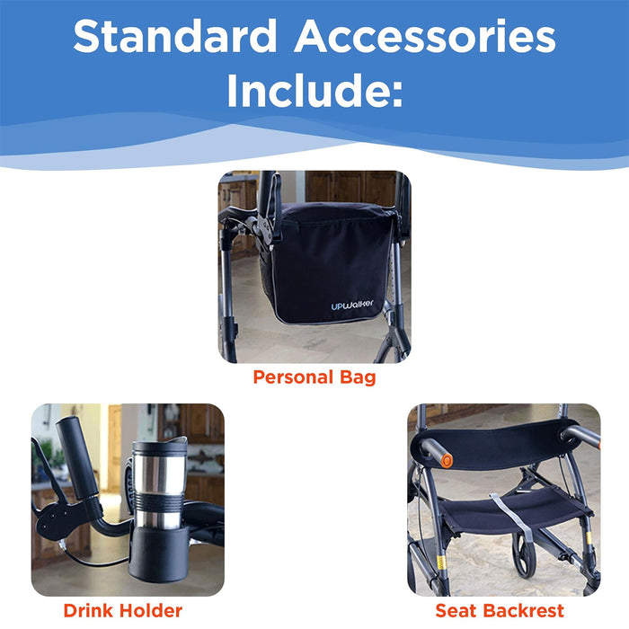 A graphic shows standard accessories for the Journey Certified Pre-Owned UpWalker Lite walker: a personal bag, drink holder with cup, and seat backrest. Each accessory appears in a labeled photo.