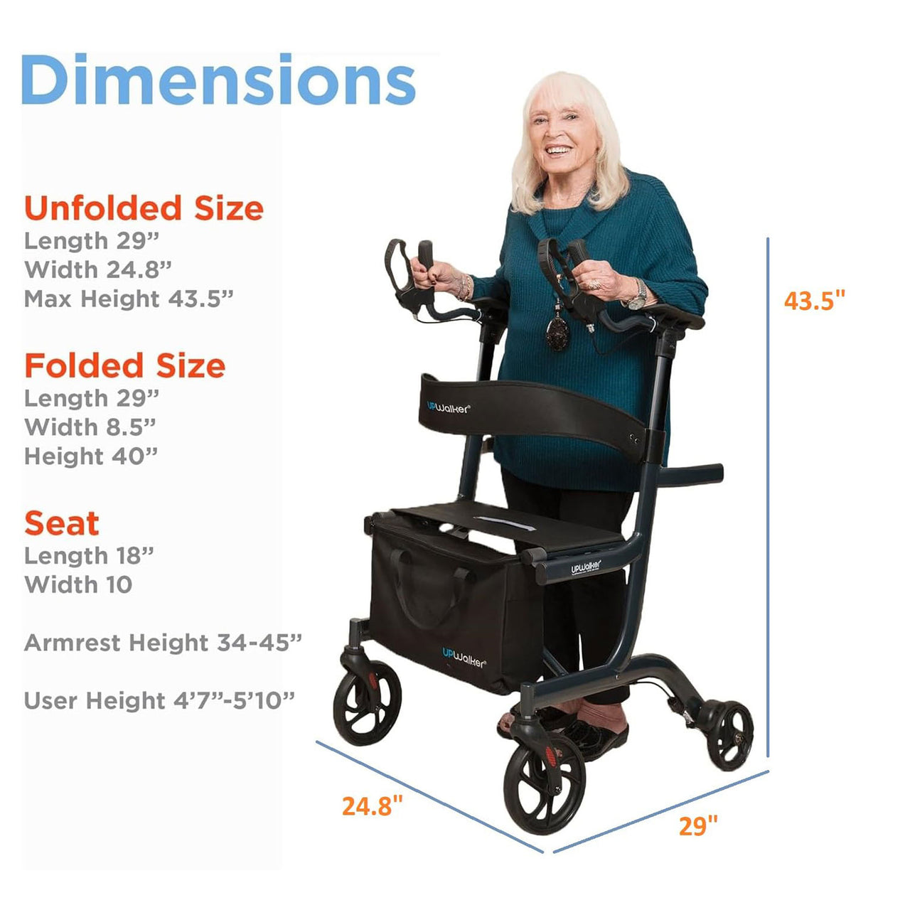 A smiling older woman stands behind a Certified Pre-Owned Journey UpWalker Lite walker with seat and storage bag. Blue text lists unfolded, folded, and seat dimensions; max height is 37.4, width 25.6, length 29.