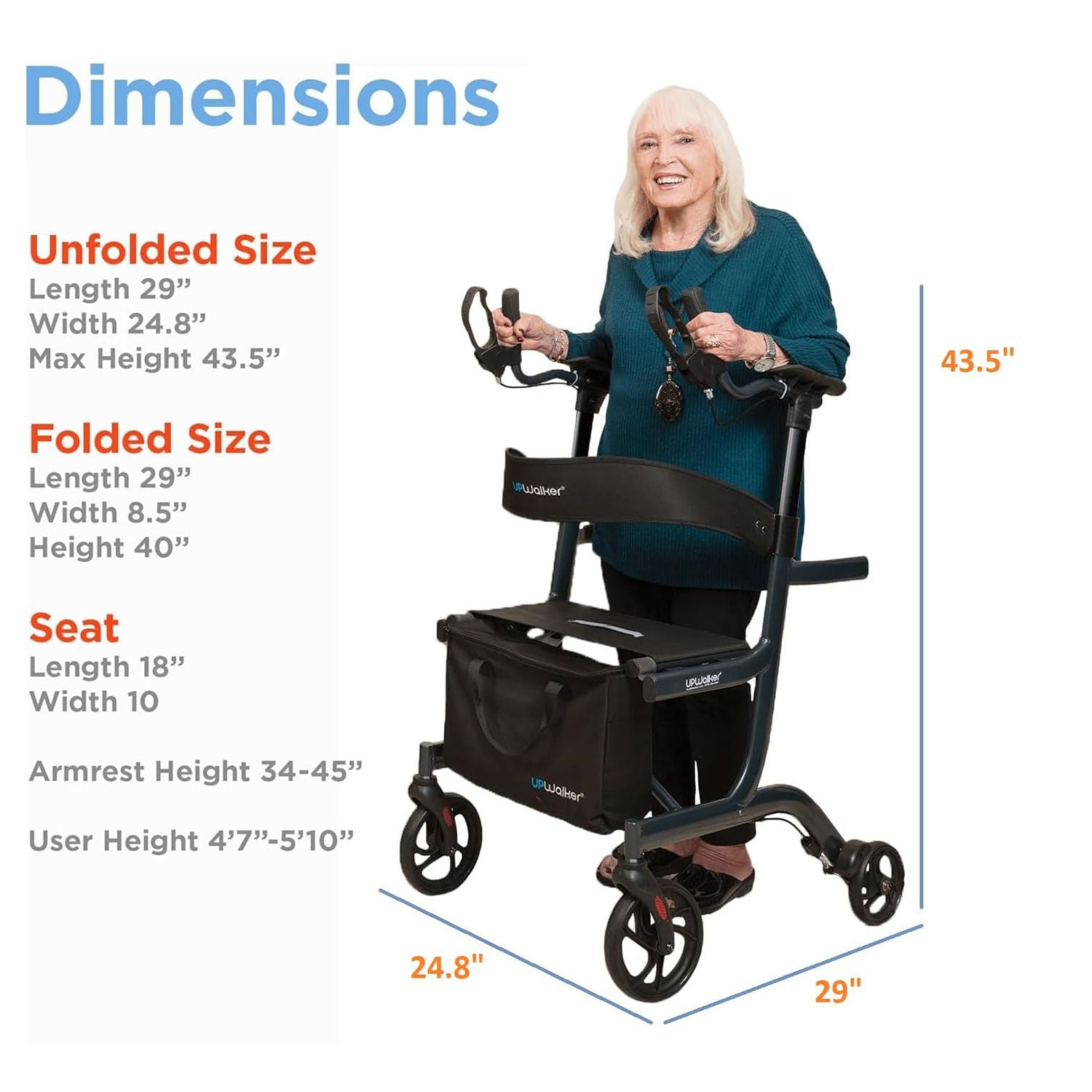 A smiling older woman stands behind a Certified Pre-Owned Journey UpWalker Lite walker with seat and storage bag. Blue text lists unfolded, folded, and seat dimensions; max height is 37.4, width 25.6, length 29.