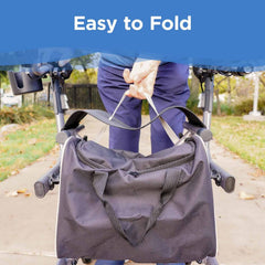 A person folds a Journey Certified Pre-Owned UpWalker Lite walker by lifting a strap on its black storage bag. The image displays the text Easy to Fold at the top, with the walker outdoors on a paved path.