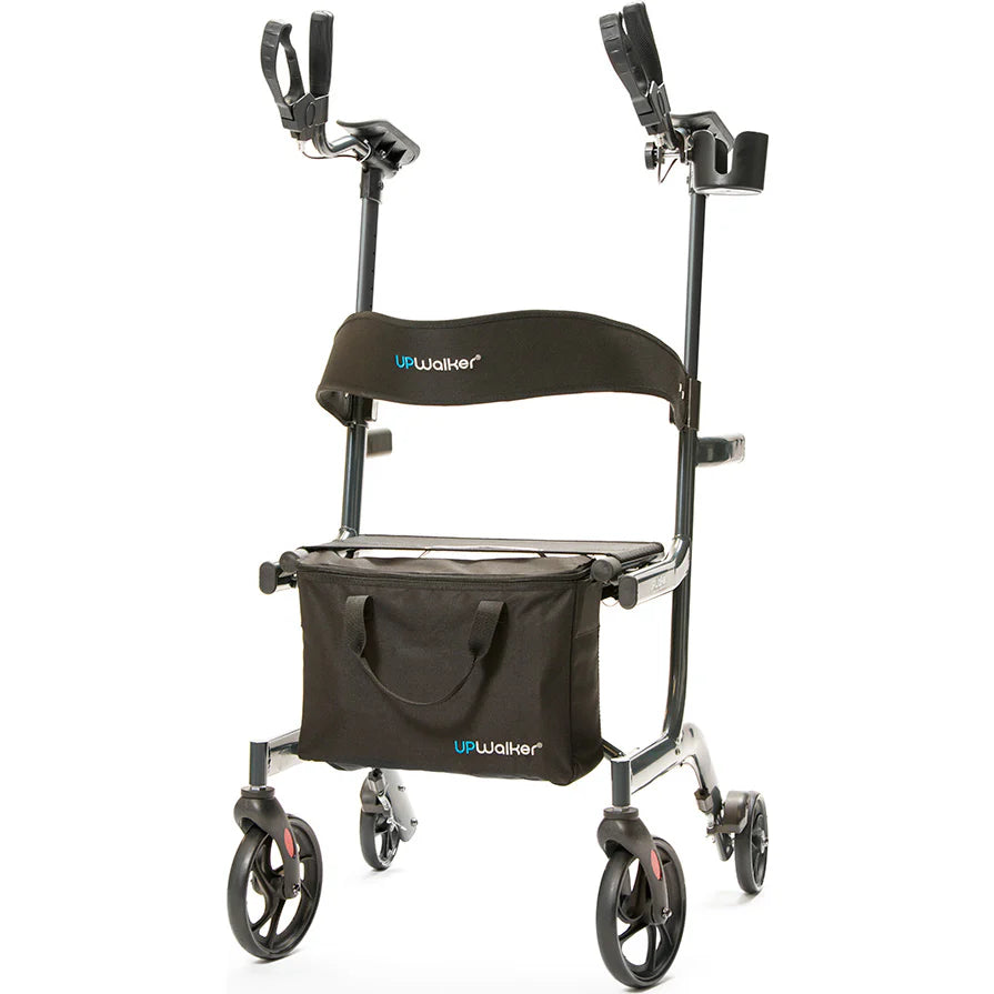 A black Certified Pre-Owned Journey UpWalker Lite walker features four wheels, armrests, a padded backrest, and an attached storage bag.