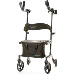 A black Certified Pre-Owned Journey UpWalker Lite walker features four wheels, armrests, a padded backrest, and an attached storage bag.