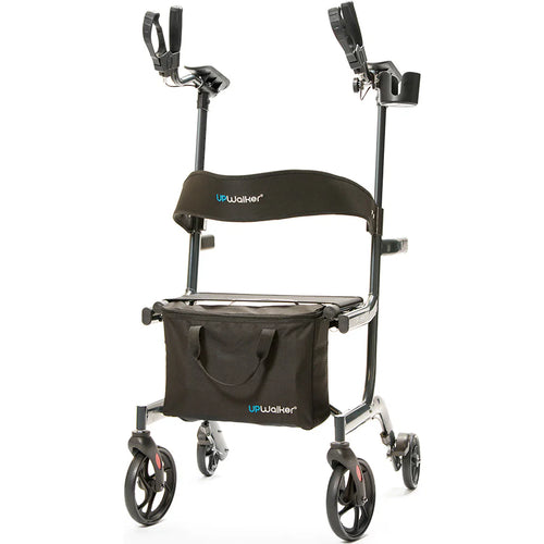 A black Certified Pre-Owned Journey UpWalker Lite walker features four wheels, armrests, a padded backrest, and an attached storage bag.