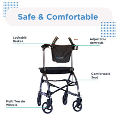 A UPWalker Original mobility walker in black with multi-terrain wheels, lockable brakes, adjustable armrests, and a cushioned seat is shown with labeled features. “Safe & Comfortable” appears in bold above.