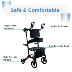 A black upright rollator displays adjustable armrests, lockable brakes, a comfy seat, multi-terrain wheels, and storage bags. Top text: Safe & Comfortable—experience advanced mobility with the Journey Certified Pre-Owned UPWalker Premium Lite v2.
