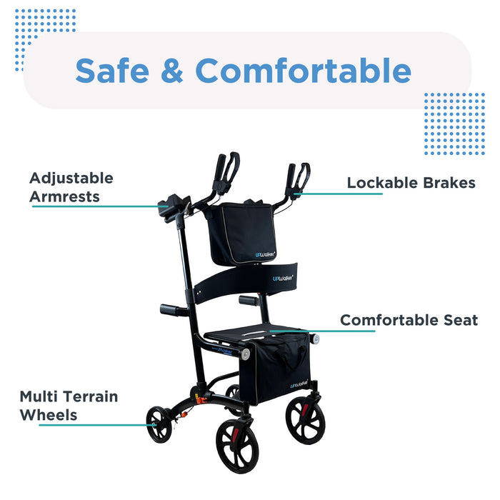 The UPWalker Premium Lite is a black upright rollator with lockable brakes, adjustable armrests, a comfortable seat, and multi-terrain wheels.