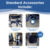 Image showcasing standard accessories for the UPWalker Premium Lite: reversible seat backrest, motion-activated headlights, drink holder, and two personal bags, each clearly labeled and photographed on a blue and white background for easy mobility.