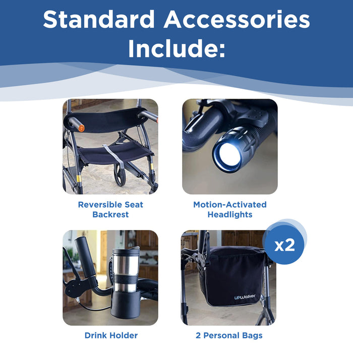 Image showcasing standard accessories for the UPWalker Premium Lite: reversible seat backrest, motion-activated headlights, drink holder, and two personal bags, each clearly labeled and photographed on a blue and white background for easy mobility.