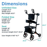 The UPWalker Premium Lite upright rollator in black is shown with labeled dimensions: unfolded 31.5L x 25.5W x 45.5H, folded 31.5L x 9.8W x 42H, seat 18W x 10D, delivering premium stability and easy mobility.