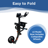 The UPWalker Premium Lite, a foldable black upright rollator, is displayed on a white background with “Easy to Fold” above and “v2 Model Now Includes Collapsible Wheels” in a blue circle on the right for easy mobility.