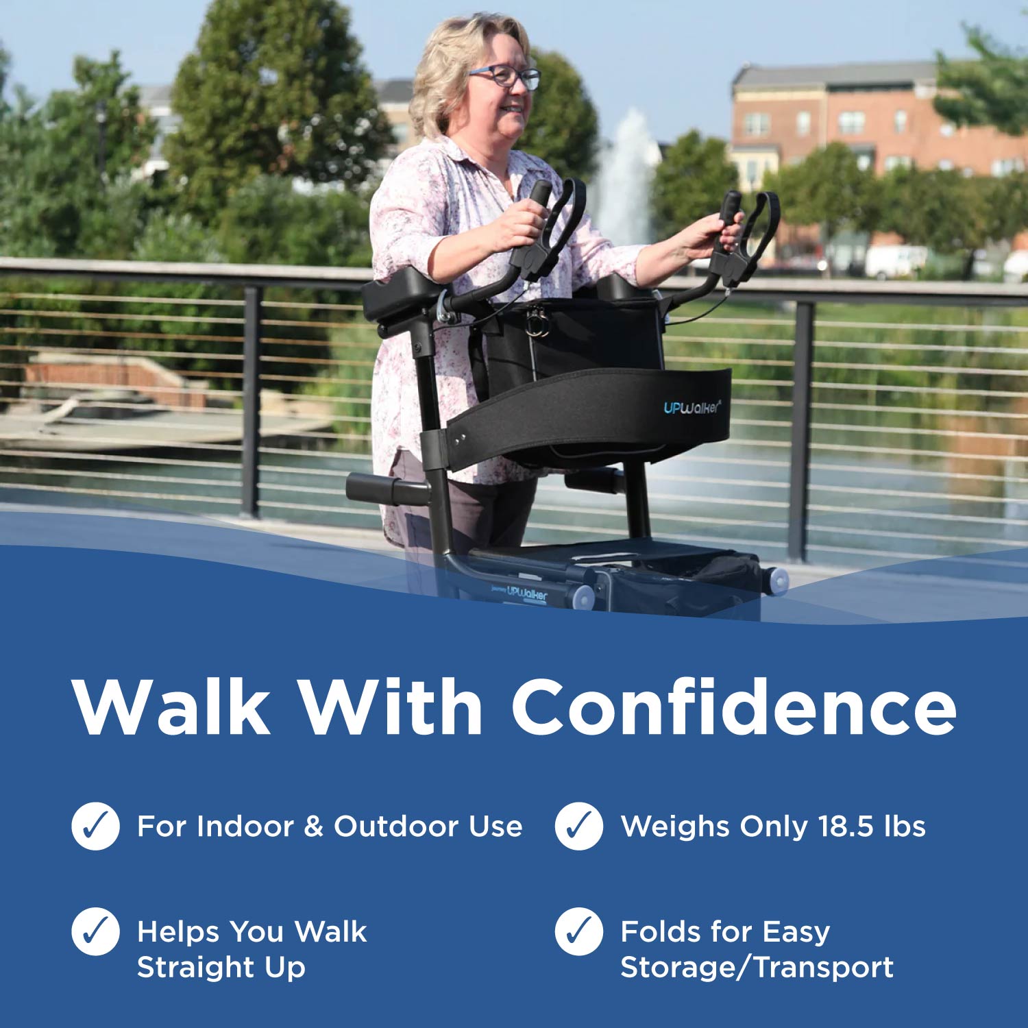 A smiling woman uses a black Journey Certified Pre-Owned UPWalker Premium Lite v2 upright rollator outdoors on a bridge. Text overlay highlights indoor/outdoor use, 18.5 lbs weight, improved posture support, and easy folding for storage.