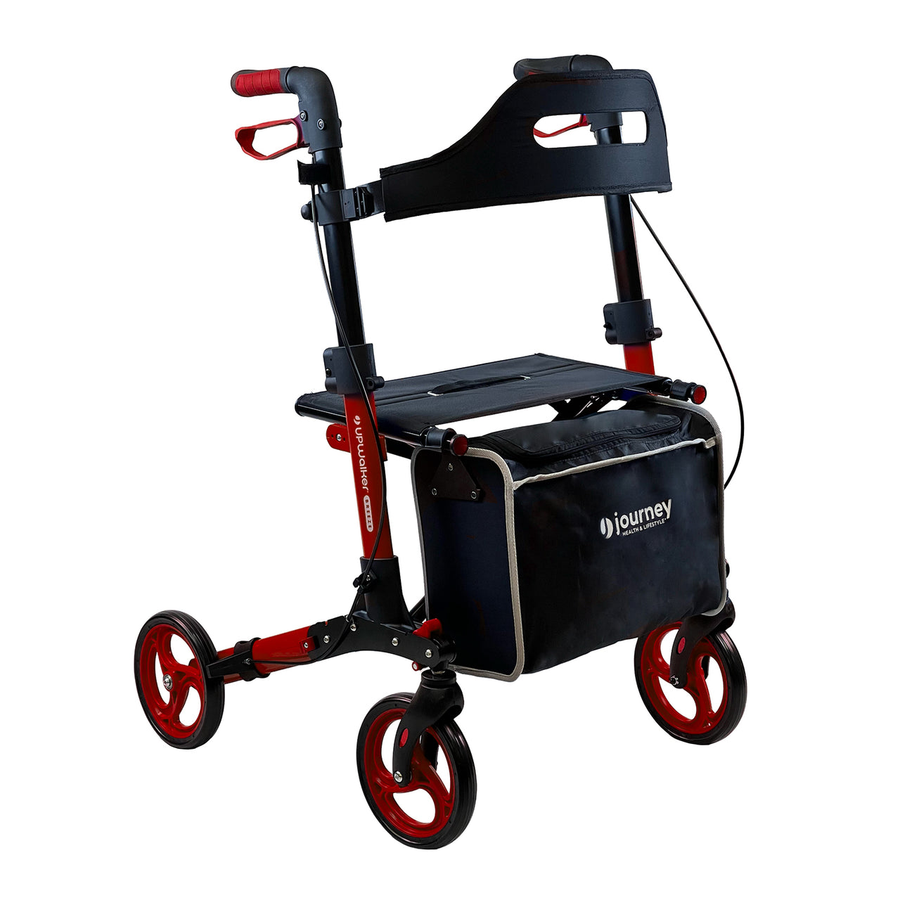 The Breeze Rollator features a lightweight black frame, four red wheels, hand brakes, built-in seat, and a black iJourney storage bag. It conveniently folds for easy transport.