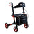 The Breeze Rollator features a lightweight black frame, four red wheels, hand brakes, built-in seat, and a black iJourney storage bag. It conveniently folds for easy transport.