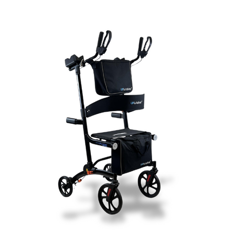 The CPO - UPWalker® Premium Lite is a modern, lightweight upright rollator with four wheels, ergonomic armrests, a seat, and storage bags. Shown in black with blue accents on a white background. Certified pre-owned options are available.