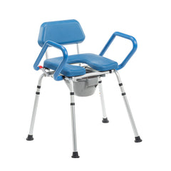 The Journey SoftSecure Uplift Toilet Assist Commode features a blue seat, backrest, and armrests, a removable gray bucket, and silver legs with rubber tips—ideal for shower use and safer transfers.