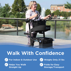 A smiling woman uses the UPWalker Premium Lite Rollator V2 outdoors near a railing. Text highlights features: suitable for indoor and outdoor use, helps you walk upright and straight, weighs only 21 lbs, and folds easily for transport or storage.