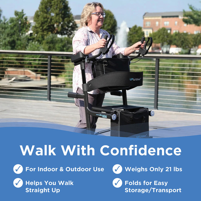 A smiling woman uses the UPWalker Premium Lite Rollator V2 outdoors near a railing. Text highlights features: suitable for indoor and outdoor use, helps you walk upright and straight, weighs only 21 lbs, and folds easily for transport or storage.