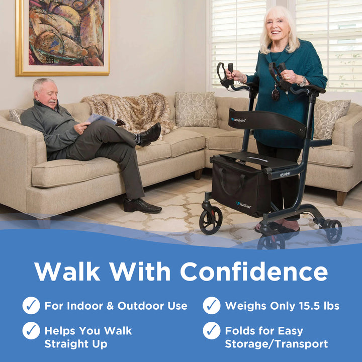 An older woman smiles using an UPWalker® Lite in the living room, while an older man reads on the couch. Text highlights its lightweight design, easy folding, indoor/outdoor use, and support for walking upright.