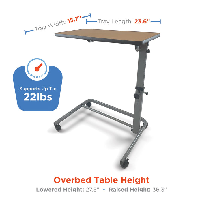 An adjustable overbed nursing table with a brown tray and gray metal frame on casters, shown with dimension callouts for tray width and length, a blue weight-support badge, and height information at the bottom.