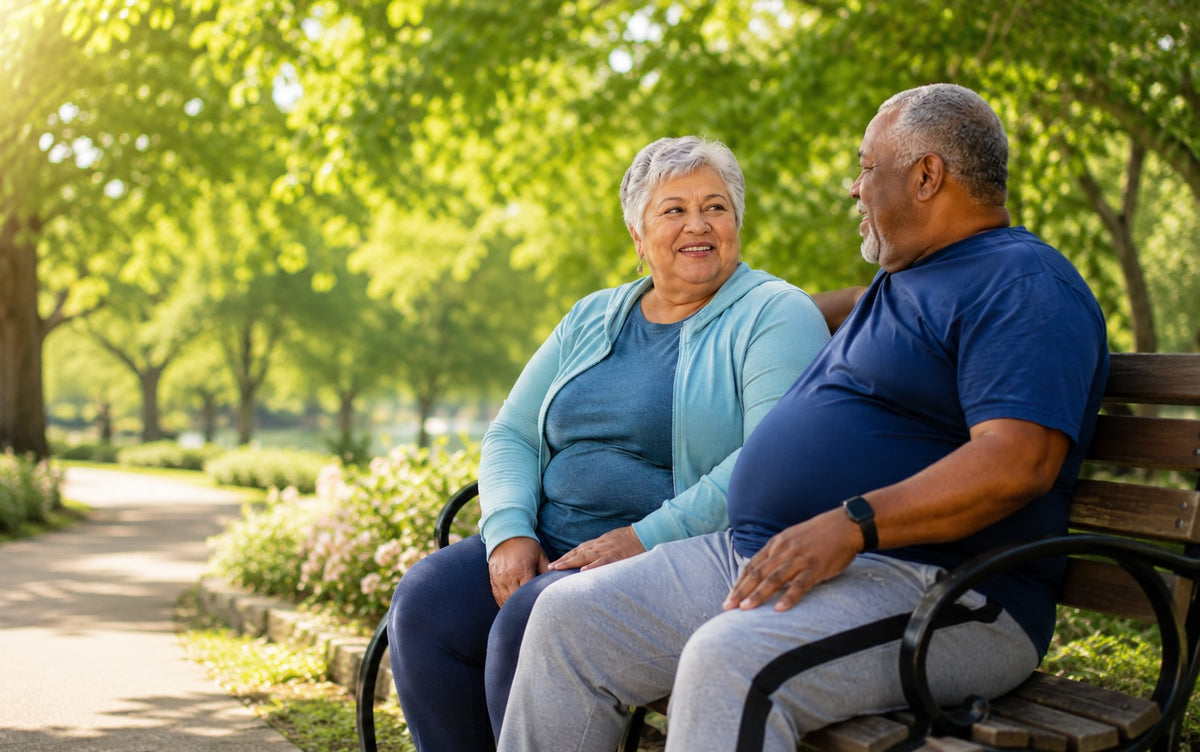 An elderly couple sitting together on a wooden park bench, smiling and talking in a sunny, tree-lined park.